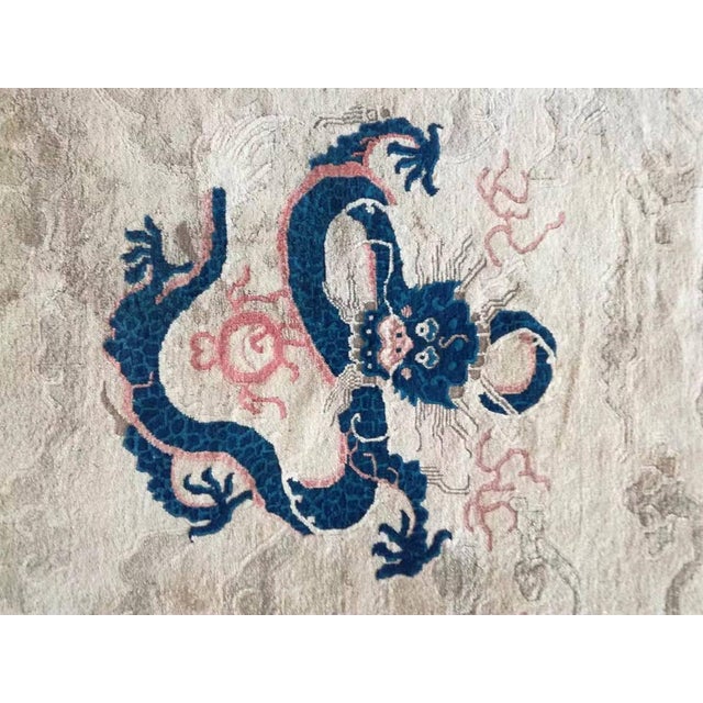 Textile 1880s Ivory Blue Coral Antique Traditional Chinese Peking Dragon Rug Wool Carpet For Sale - Image 7 of 8