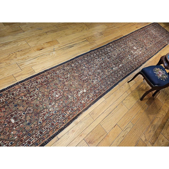 Camel Antique Persian Serab Camel Hair Runner Rug, Hand-Knotted Wool, Geometric Pattern, Red & Green, 3x19 For Sale - Image 8 of 18