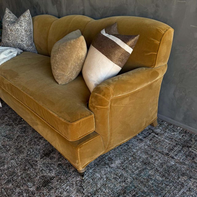 Modern English Sofa in a Caramel Mustard Faux Velvet Mohair With Down Cushion For Sale - Image 10 of 10
