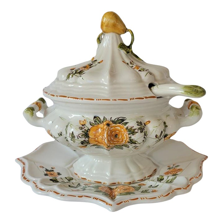 Vintage Italian Porcelain Floral Sauce Tureen With Underplate and Ladle ...