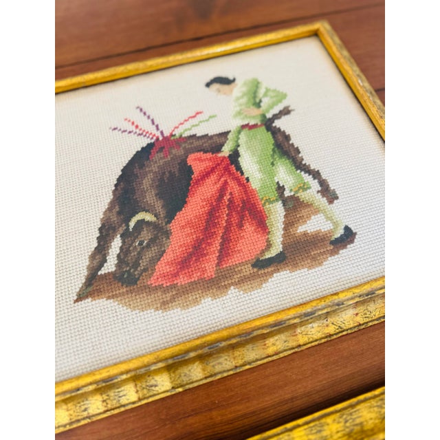 Late 20th Century Vintage Pair of Framed Bull Fighting Matador Needlepoints- Needlepoint Matadors For Sale - Image 5 of 8