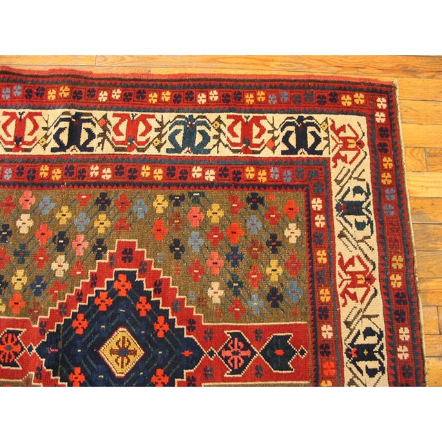 1890s Green Olive Geometric Tribal Antique S. Caucasian Rug 4' X 9'6" Handknotted Wool Carpet For Sale - Image 4 of 6