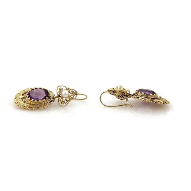 Contemporary Amethyst Pearls 14k Yellow Gold Floral Drop Dangle Earrings For Sale - Image 3 of 5