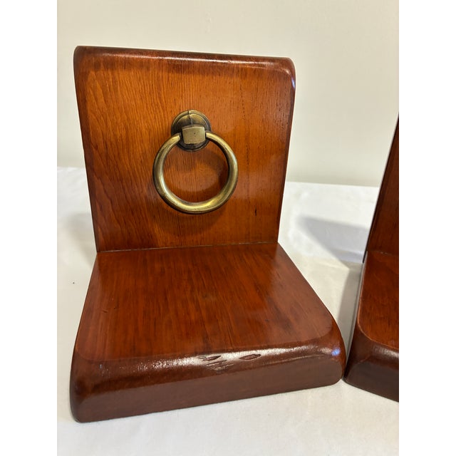 Mid-Century Modern Vintage Wood Bookends With Brass Ring Pull Hardware, Pair For Sale - Image 3 of 8
