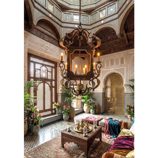 Make a dramatic architectural statement with this grand-scale 8-light wrought iron and parcel gilt lantern chandelier....