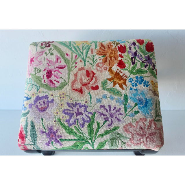 Vintage Vibrant Floral Needlepoint Footstool Ottoman Mid-Century For Sale - Image 13 of 14