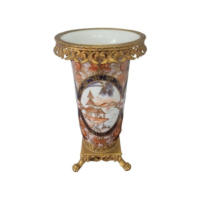 French 19th C. French Imari Porcelain Vase W/ Cast Brass Gallery and Base on Lion Paw Feet For Sale - Image 3 of 10