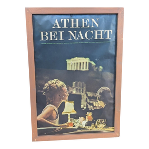 Athens at Night Dinner Parthenon Travel Poster Original Frame Vintage Rare