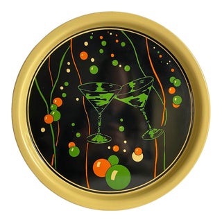 Mid Century 1960s Colorful Cocktail Round Metal Tray Martini Bubbles Happy Hour 12.5” For Sale