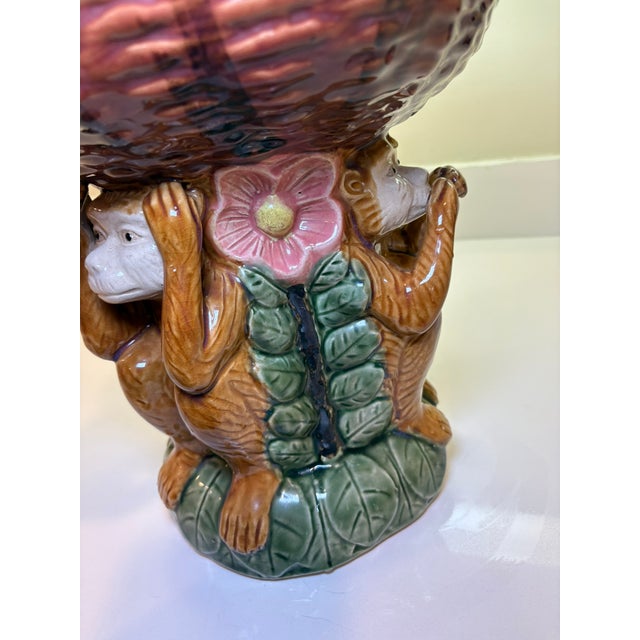 Vintage Grandmillenial Majolica Style Three Monkey Ceramic Basket Centerpiece For Sale - Image 9 of 10