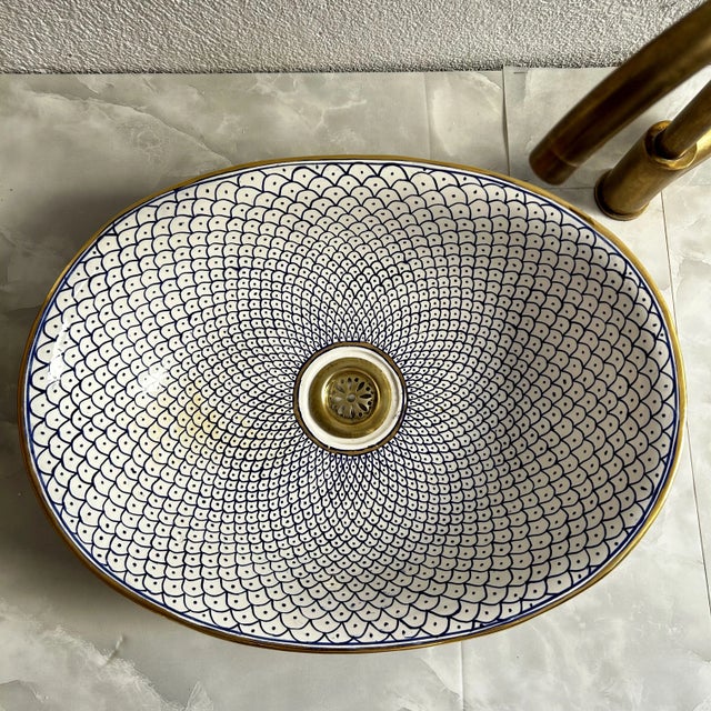 Farmhouse Minimalist Oval Sink With 14k Gold Rim Bathroom Sink, Oval Handmade Ceramic For Sale - Image 4 of 9