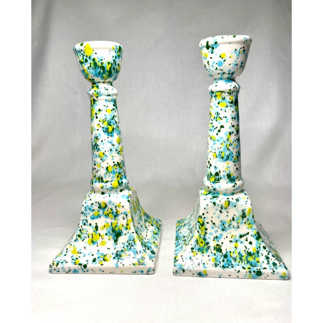 Modern Vintage Modern Coastal Splatterware Painted Ceramic Glazed Candlesticks, a Pair, Turquoise, Yellow, Chartreuse For Sale - Image 3 of 10