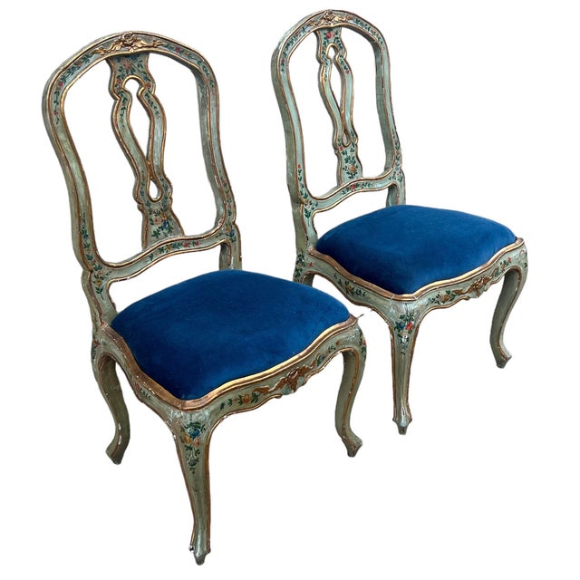 Celadon 19th-C. Italian / Venetian Celadon Floral Painted Side Chairs in Blue Velvet- Pair For Sale - Image 8 of 10