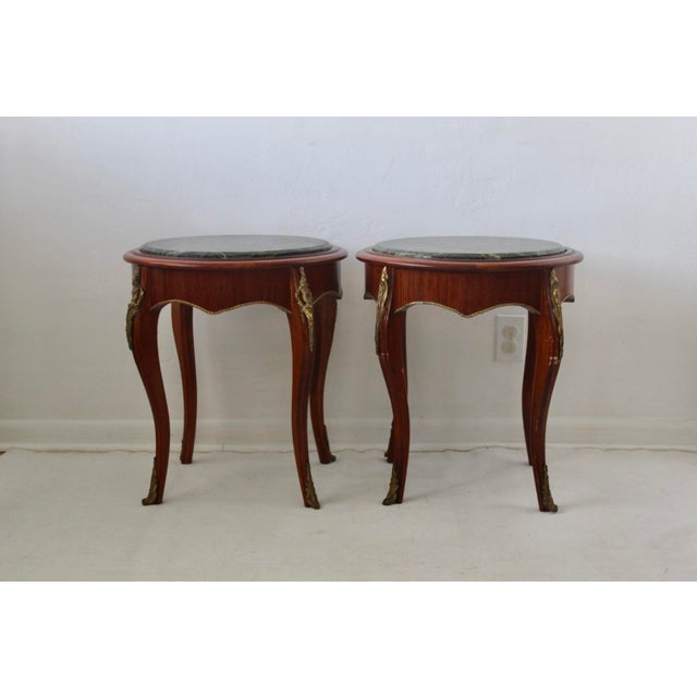 Late 20th Century French Louis XV Style Occasional Side Tables Feature Green Marble Tops, Non-Identical-a Pair For Sale - Image 4 of 18