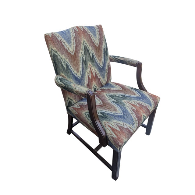 Wood Vintage Schumacher Upholstered Flamestitch Arm Chair For Sale - Image 7 of 18