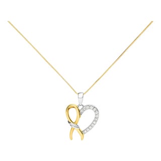 10K Yellow Gold Plated .925 Sterling Silver 1/5 Cttw Diamond Ribbon Heart Pendant Necklace (H-I Color, I2-I3 Clarity) - 18" For Sale
