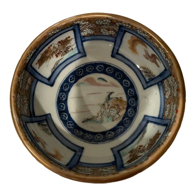 Antique Colored Imari Bowl With Gold Edge and Detailed Painting - Horse in Center For Sale