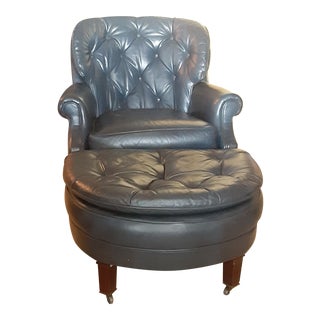 Delisting. Late 20th Century Custom "Classic Leather" Brand Fine Leather Hand Tufted Button Club Chair and Ottoman For Sale
