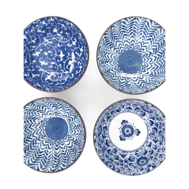 Hand-Painted Japanese Blue & White Porcelain Bowls Mixed Patterns - Set of 4 For Sale - Image 13 of 16