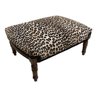 Vintage Mid Century Leopard Stenciled Calf Hair Ottoman For Sale