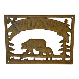 Vintage Rustic Cabin Lodge Cast Iron Welcome Sign For Sale