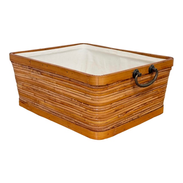 Vintage Lined Split Reed Storage Basket For Sale