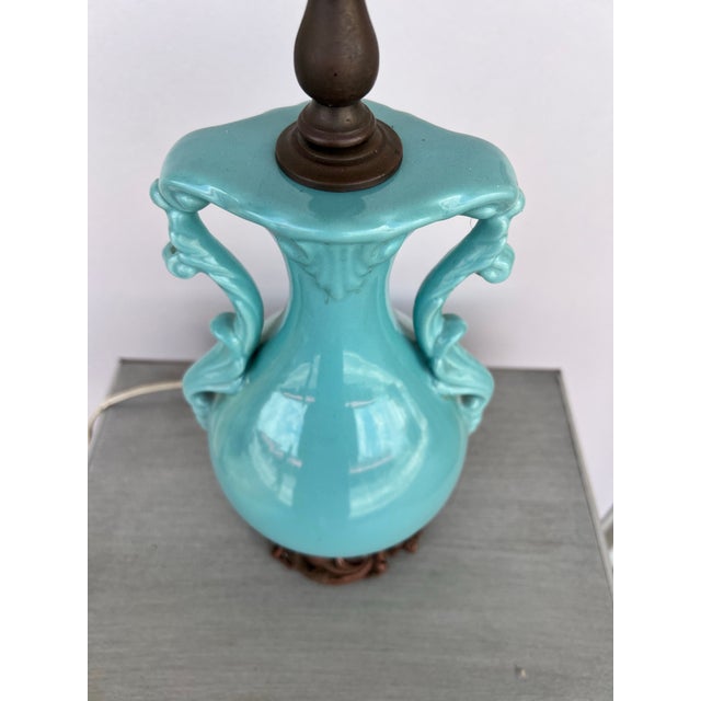 Mid 20th Century Vintage Art Deco Turquoise Ceramic Urn Shape Lamp For Sale - Image 5 of 7