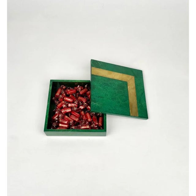 Square Box in Green Goatskin & Brass by Aldo Tura, Italy, 1960s For Sale - Image 9 of 15