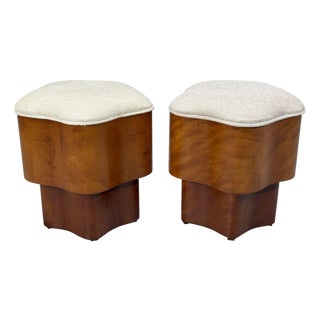 Art Deco Style, Star Motif Footstools, Burlwood, Beige Linen, 21st C. For Sale
