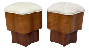Art Deco Style, Star Motif Footstools, Burlwood, Beige Linen, 21st C.