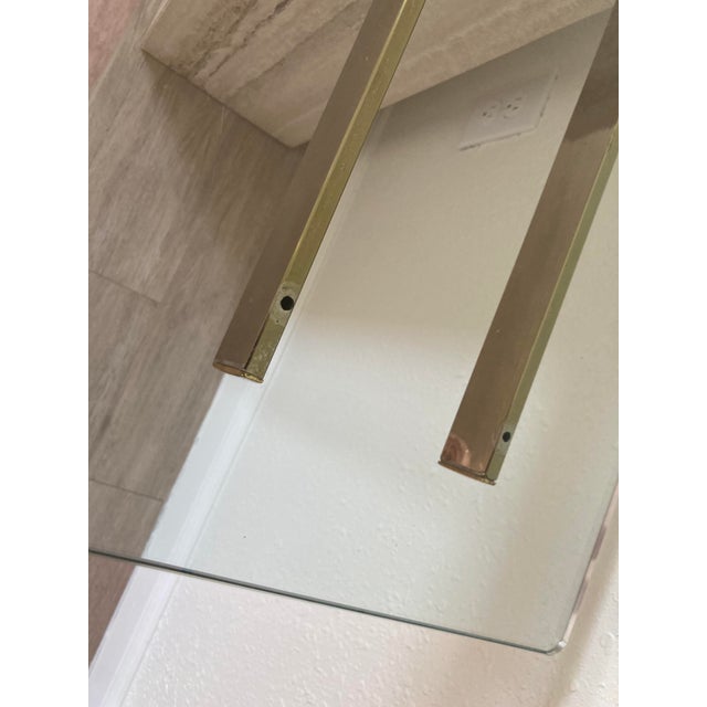 Ivory 1970's Italian Travertine Pedestal Base and Glass Top Console For Sale - Image 8 of 10