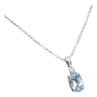 Lovely Aquamarine Pendant W Earth Mined Diamonds in Solid 14k Gold Oval 6x4mm For Sale