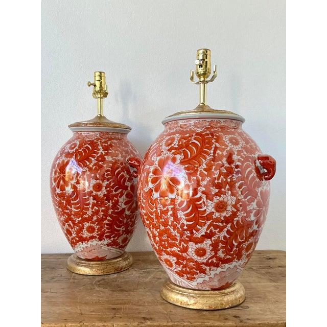 Wood Vintage Boho Floral Glazed Ceramic Lamps - A Pair For Sale - Image 7 of 12