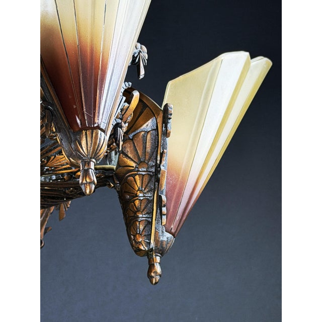 1930s Mid-West Mfg. Soleure Series Art Deco 5-Light Slip Shade Chandelier in Cast Bronze For Sale - Image 14 of 14