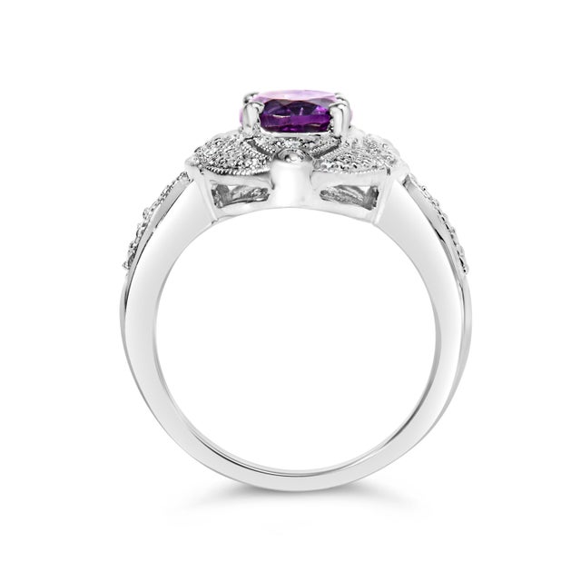 Early 21st Century .925 Sterling Silver 9x7mm Oval Purple Amethyst and Diamond Accent Art Deco Style Cocktail Ring (I-J Color, I1-I2 Clarity) - Size 7 For Sale - Image 5 of 8