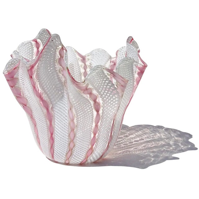 Murano Murano Vintage Pink Aventurine Flecks White Zanfirico Ribbons Italian Art Glass Fazzoletto Handkerchief Vase For Sale - Image 4 of 10