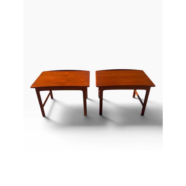 Wood Pair of Folke Ohlsson for Dux Teak Surfboard End Tables | Swedish Mid-Century Modern | Upturned Edges | C. 1960s For Sale - Image 7 of 18