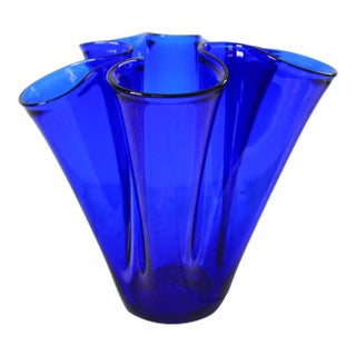 Vintage Hand Blown Handkerchief Ruffled Cobalt Blue Vase For Sale