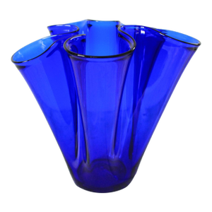 Vintage Hand Blown Handkerchief Ruffled Cobalt Blue Vase