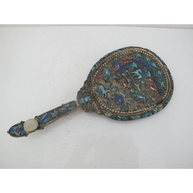 Antique Chinse Silver Turquoise Enamel Animal Woodland Design Jade Handle Mirror For Sale - Image 13 of 13