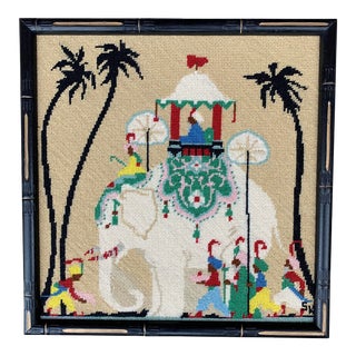 Vintage Elephant Entourage Framed Needlepoint For Sale