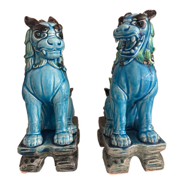Vintage Turquoise Glazed Ceramic Japanese Foo Dogs, Made in Japan, C. 1960s - A Pair For Sale