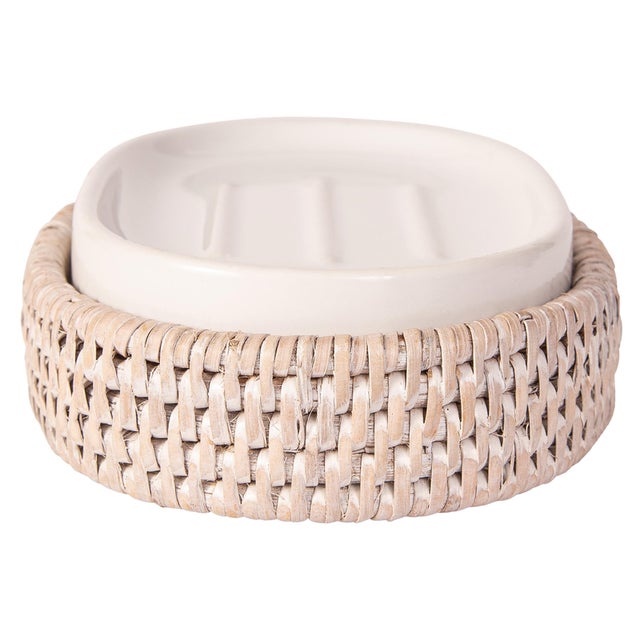 2020s Artifacts Rattan Oval Soap Dish with Ceramic Insert, White WashA For Sale - Image 5 of 5