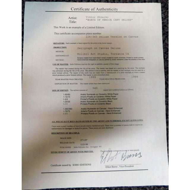 1990s Viktor Shvaiko Boats of Venice Framed Art Signed on Canvas Original Coa For Sale - Image 5 of 5