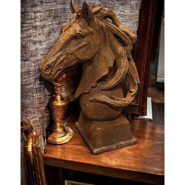 Large Cast Iron Horse Head Statue. Sizes :- 46 cms tall, 33 cms wide Very weathered.
