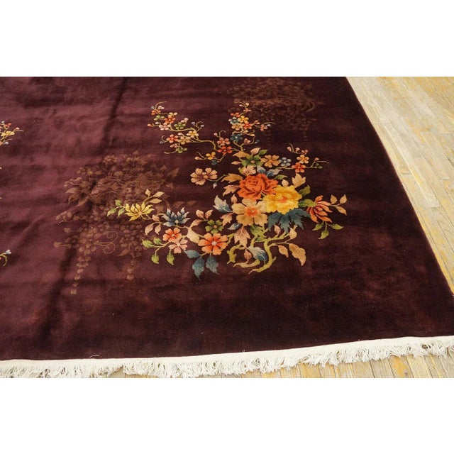 Wine 1920s Red Wine Floral Antique Chinese Art Deco Rug 8'8" X 11'4" Knotted Pile Wool Carpet For Sale - Image 8 of 12