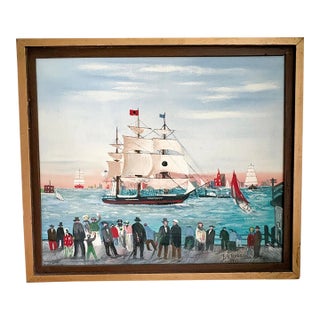 Original Folk Art Harbor Painting by Bk Porter, Signed by Artist 1995 For Sale
