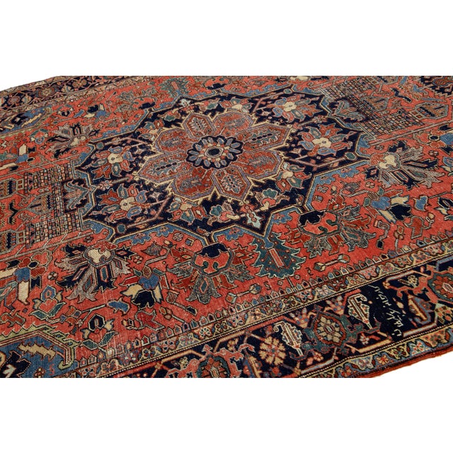 Textile Room-Sized Antique Persian Heriz Rug in Red Wool Featuring a Medalllion Motif For Sale - Image 7 of 9
