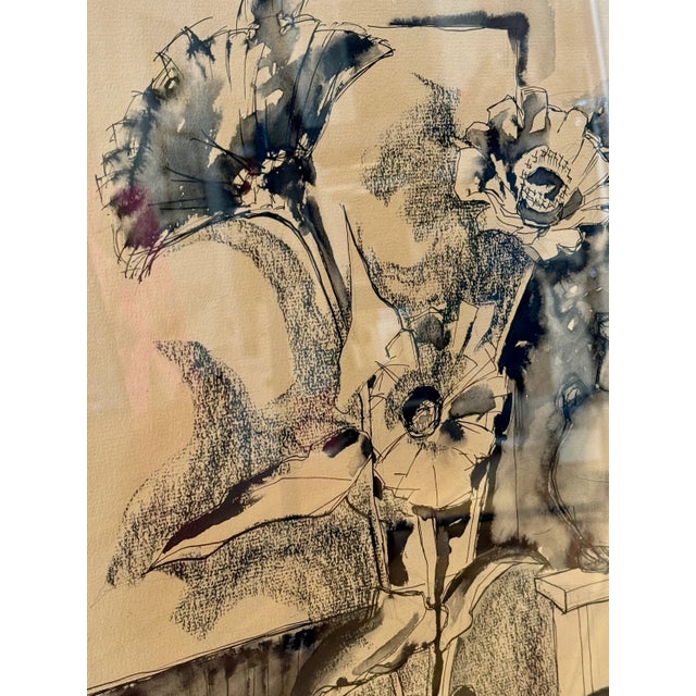 Wood Early 20th Century Ruth Bunny Baldwin Floral Mixed Media Still Life on Ikat Cowtan and Tout Fabric in Gold Frame For Sale - Image 7 of 7