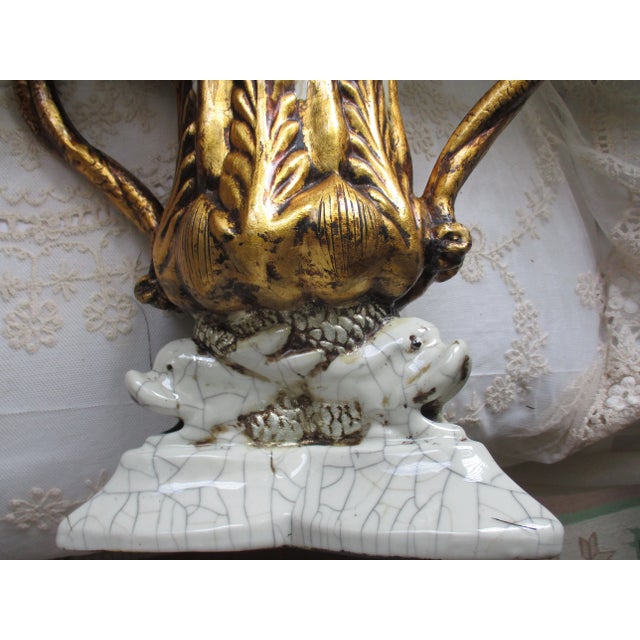 Vintage Italy Dolphin Base & Double Snake Handle Gold & Grey Vases- a Pair For Sale - Image 11 of 13